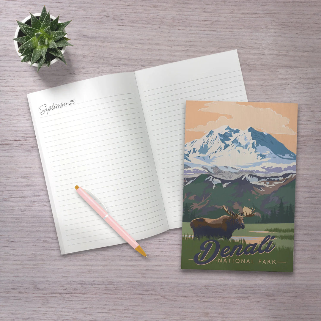 Lined 6x9 Journal, Denali National Park, Alaska, Moose and Mountains, Lay Flat, 193 Pages, FSC paper