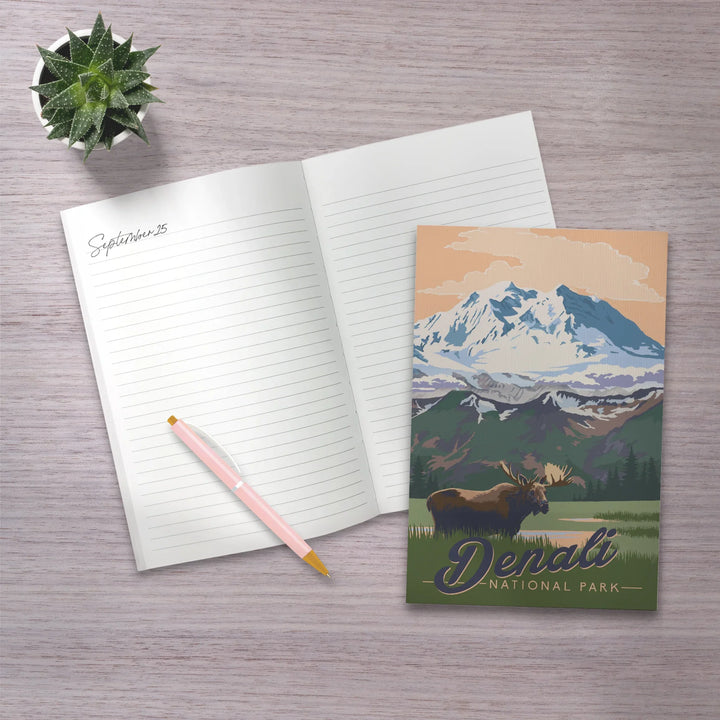 Lined 6x9 Journal, Denali National Park, Alaska, Moose and Mountains, Lay Flat, 193 Pages, FSC paper