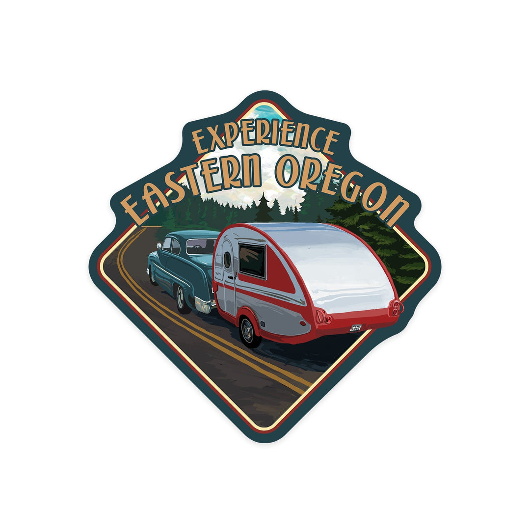 Eastern Oregon, Experience, Retro Camper on Scenic Byway, Contour, Vinyl Sticker Sticker Lantern Press 