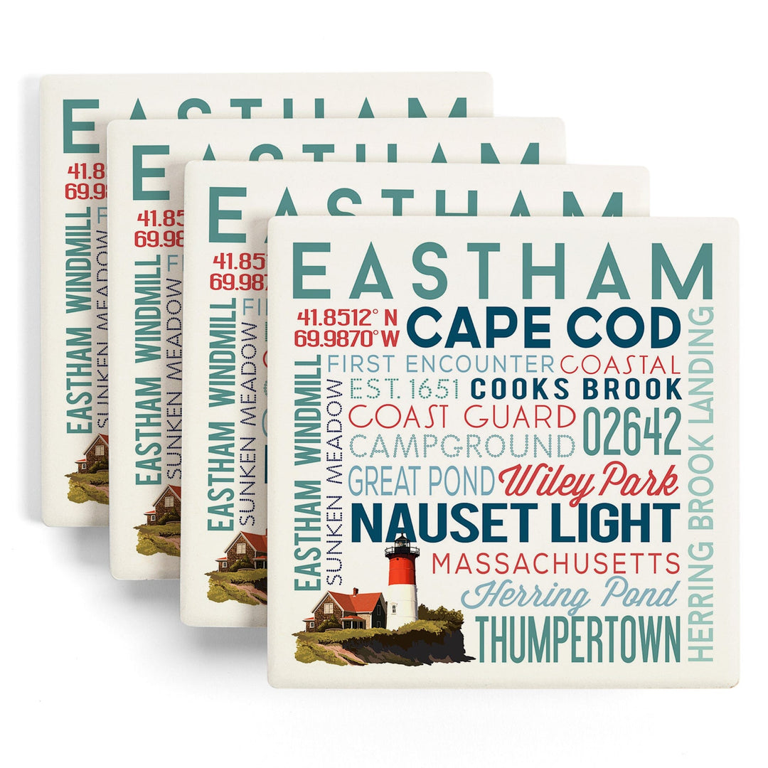 Eastham, Massachusetts, Cape Cod, Typography, Lantern Press Artwork, Coaster Set - Lantern Press