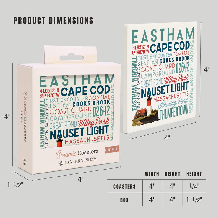 Eastham, Massachusetts, Cape Cod, Typography, Lantern Press Artwork, Coaster Set - Lantern Press