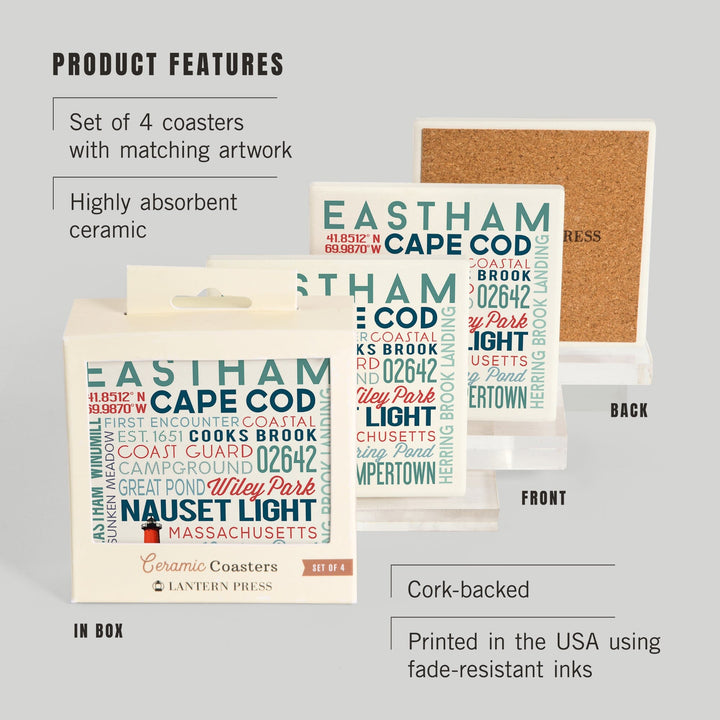 Eastham, Massachusetts, Cape Cod, Typography, Lantern Press Artwork, Coaster Set - Lantern Press