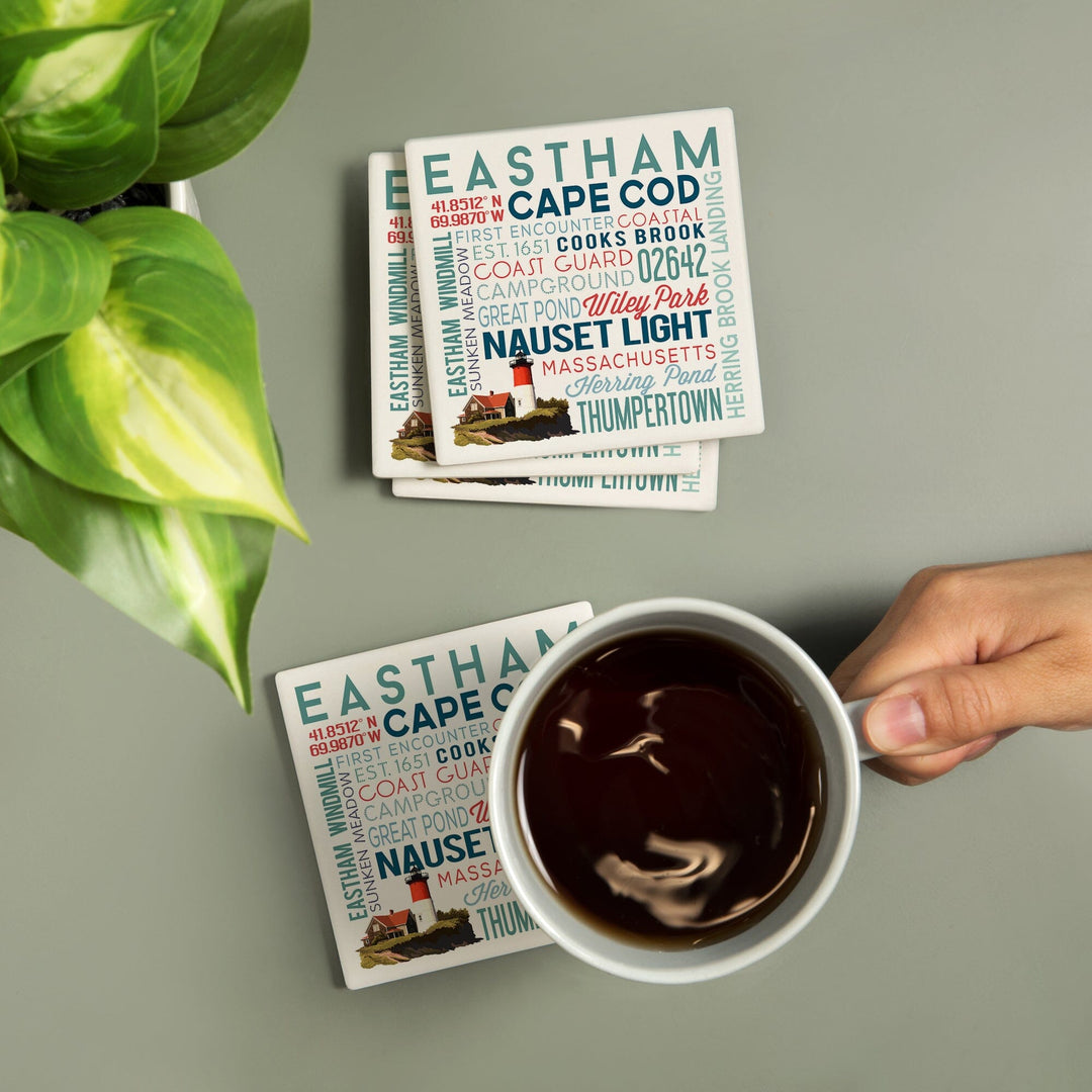 Eastham, Massachusetts, Cape Cod, Typography, Lantern Press Artwork, Coaster Set - Lantern Press