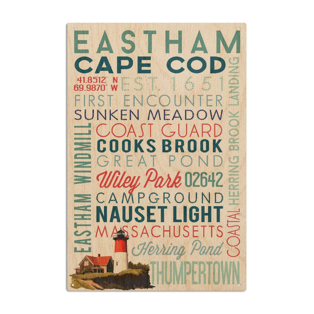 Eastham, Massachusetts, Cape Cod, Typography, Lantern Press Artwork, Wood Signs and Postcards Wood Lantern Press 10 x 15 Wood Sign 