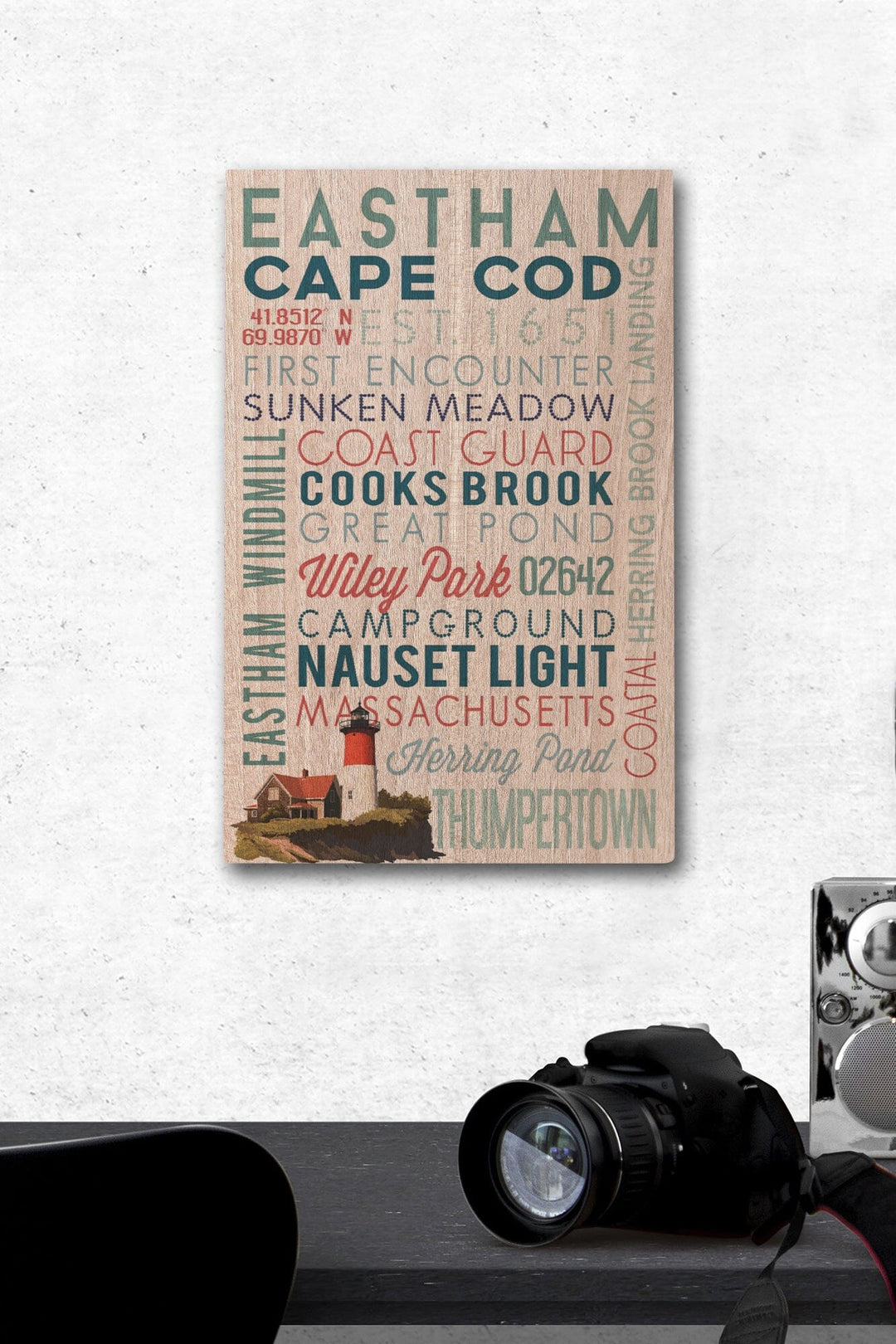 Eastham, Massachusetts, Cape Cod, Typography, Lantern Press Artwork, Wood Signs and Postcards Wood Lantern Press 12 x 18 Wood Gallery Print 
