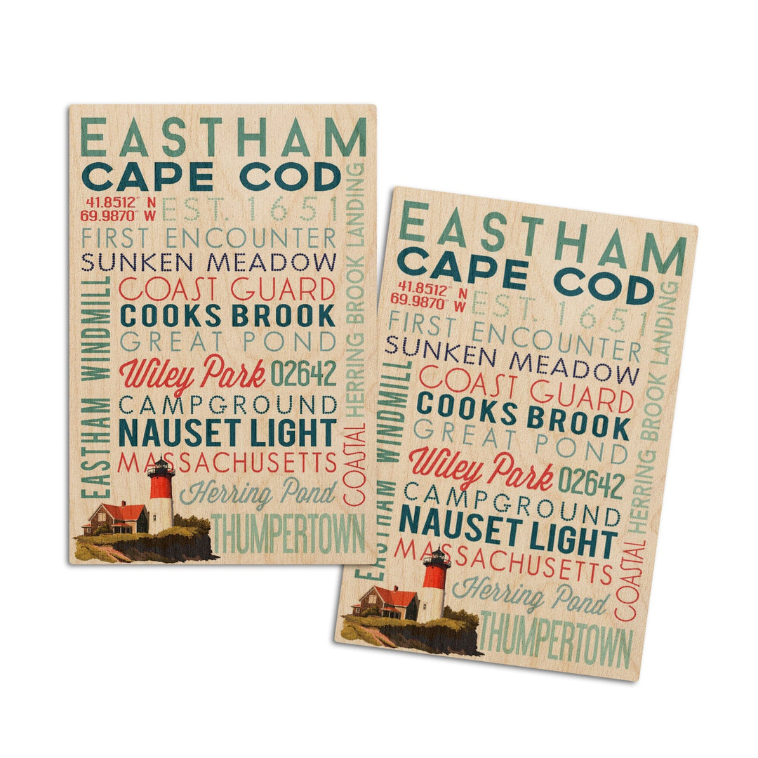 Eastham, Massachusetts, Cape Cod, Typography, Lantern Press Artwork, Wood Signs and Postcards Wood Lantern Press 4x6 Wood Postcard Set 