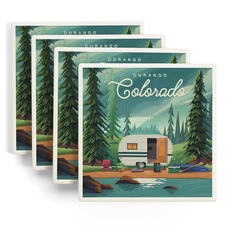 Durango Colorado, Outdoor Activity, At Home Anywhere, Camper in Evergreens ceramic coaster set