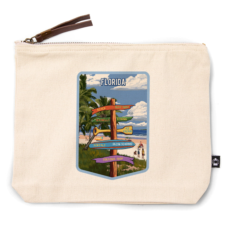 Florida, Signpost, Coast Beach with Palms,, Organic Cotton Zipper Pouch, Go Bag