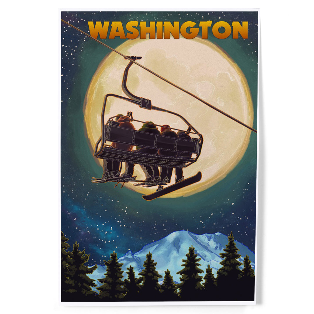 Washington Ski Lift, Full Moon Snowboarder, Art & Giclee Prints