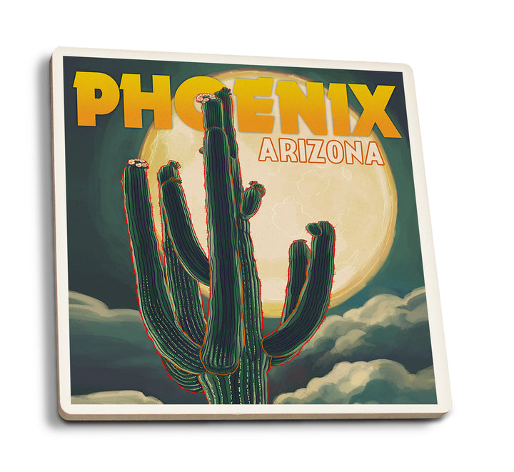 Phoenix, Arizona, Cactus and Full Moon, Coaster Set