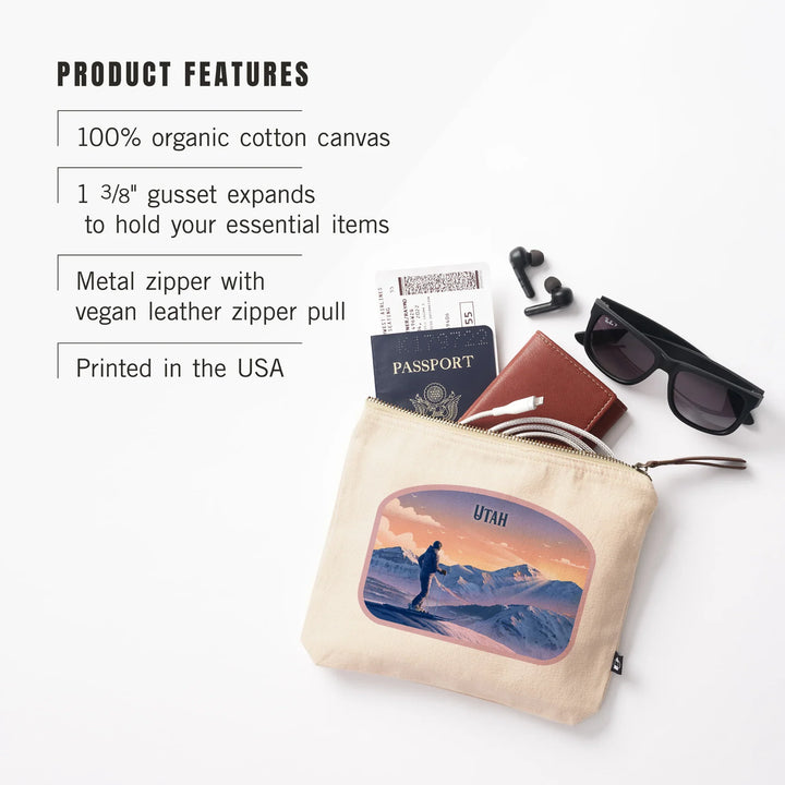 Utah, Lithograph, Skier at the Top, Organic Cotton Zipper Pouch, Go Bag
