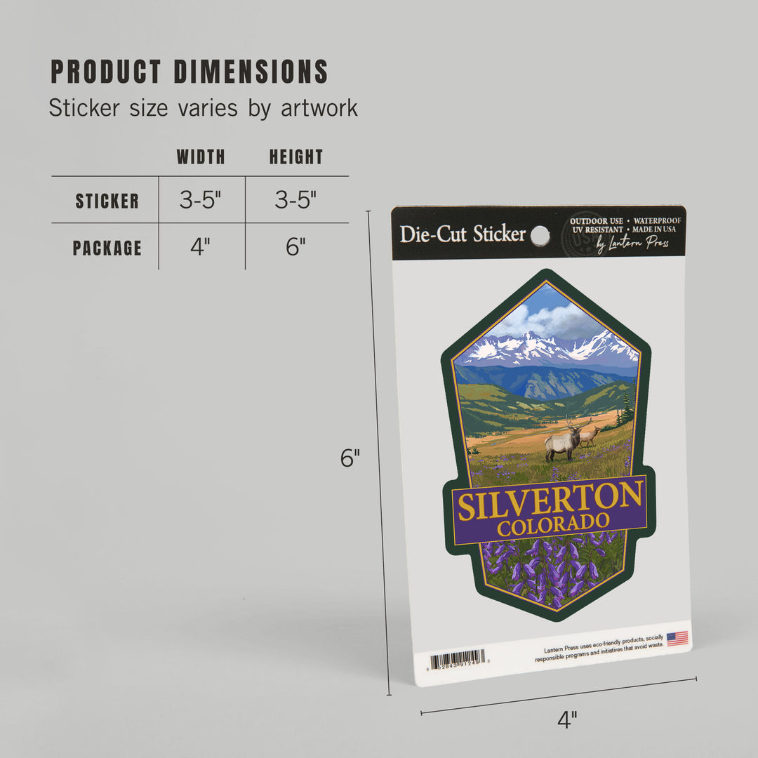 Silverton, Colorado, Elk and Flowers, Contour, Vinyl Sticker
