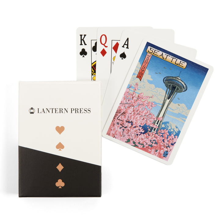Playing Cards, Space Needle, Cherry Blossoms Woodblock, Seattle, Washington, 52 Card Deck with Jokers in Box, Unique Art
