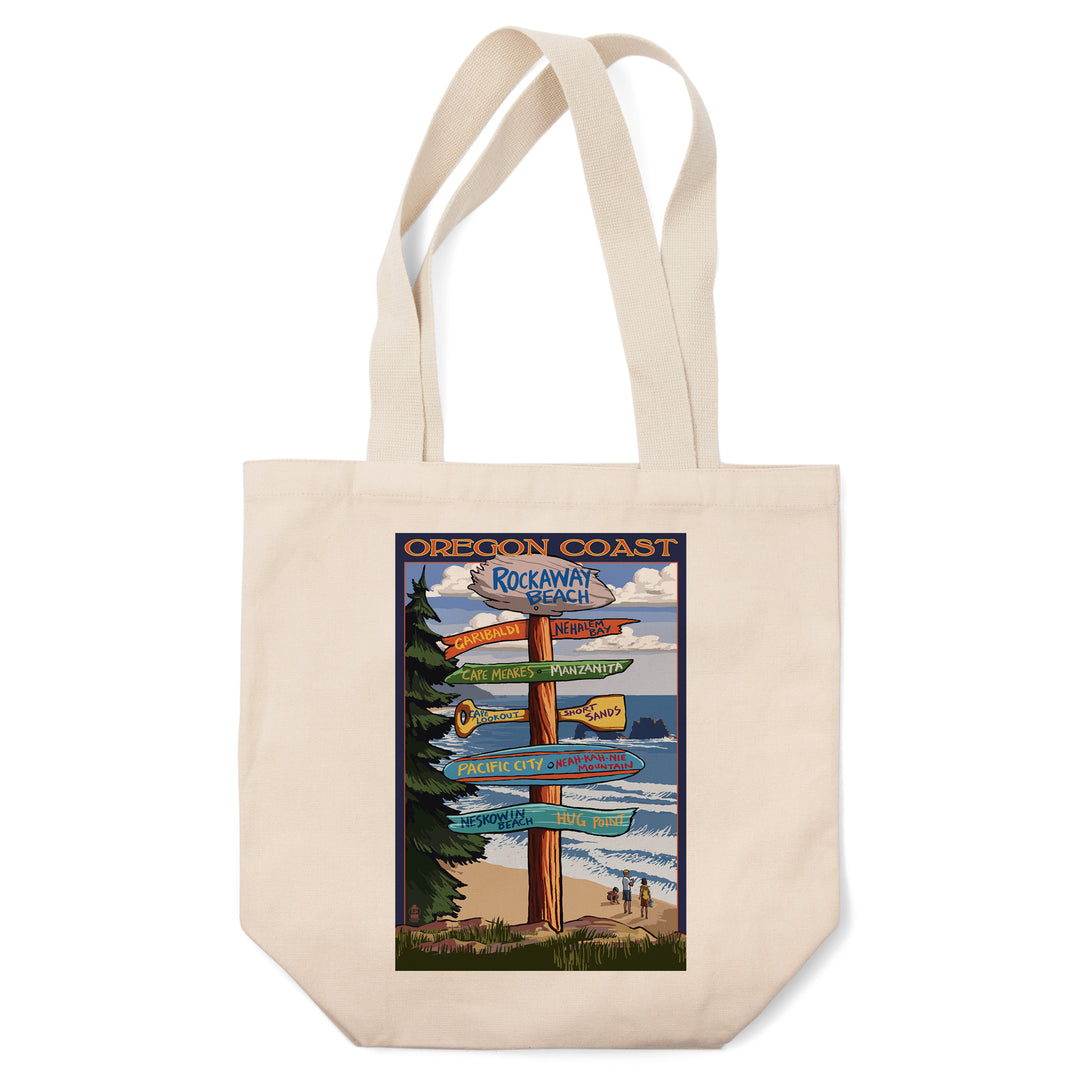 Rockaway Beach, Oregon, Destinations Sign, Lantern Press Artwork, Tote Bag