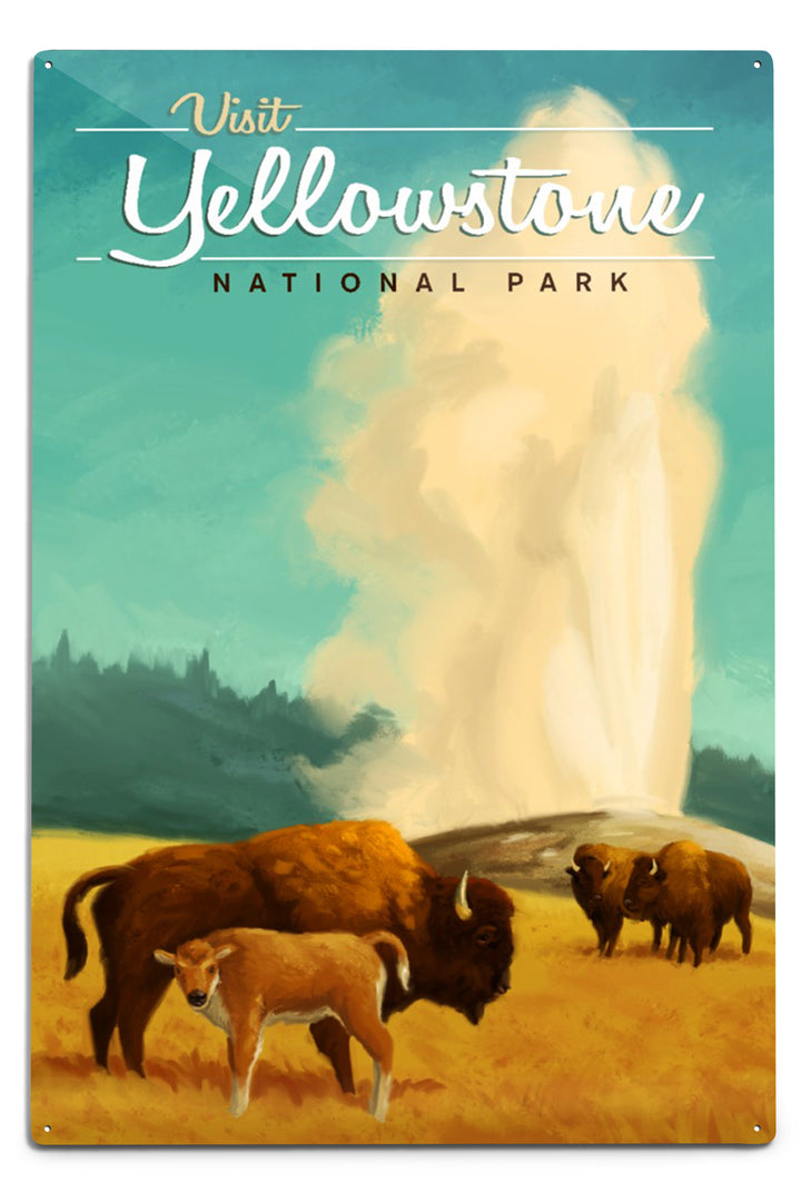 Yellowstone National Park, Oil Painting, Old Faithful and Bison, Metal Signs