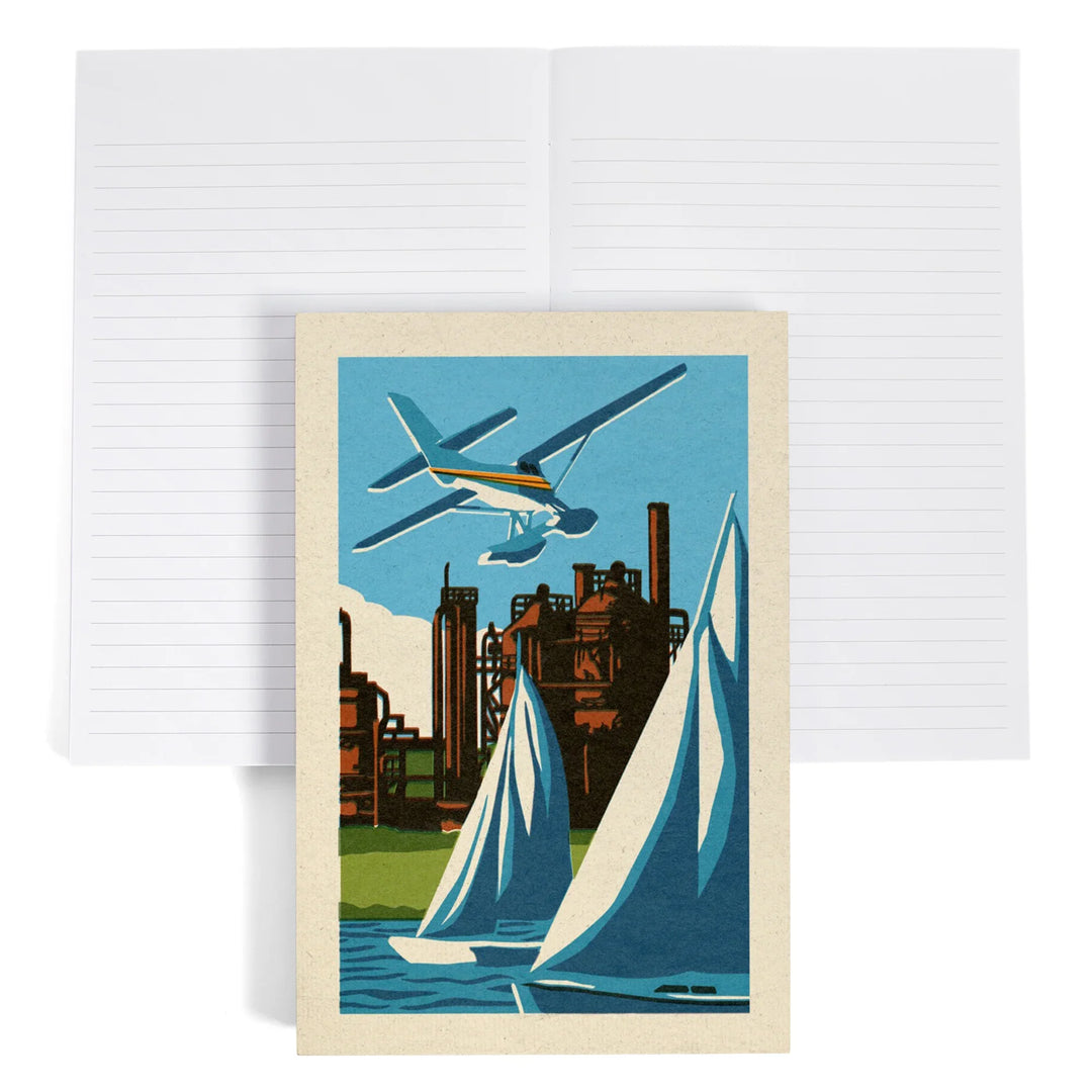 Lined 6x9 Journal, Seattle, Washington, Lake Union, Woodblock, Lay Flat, 193 Pages, FSC paper