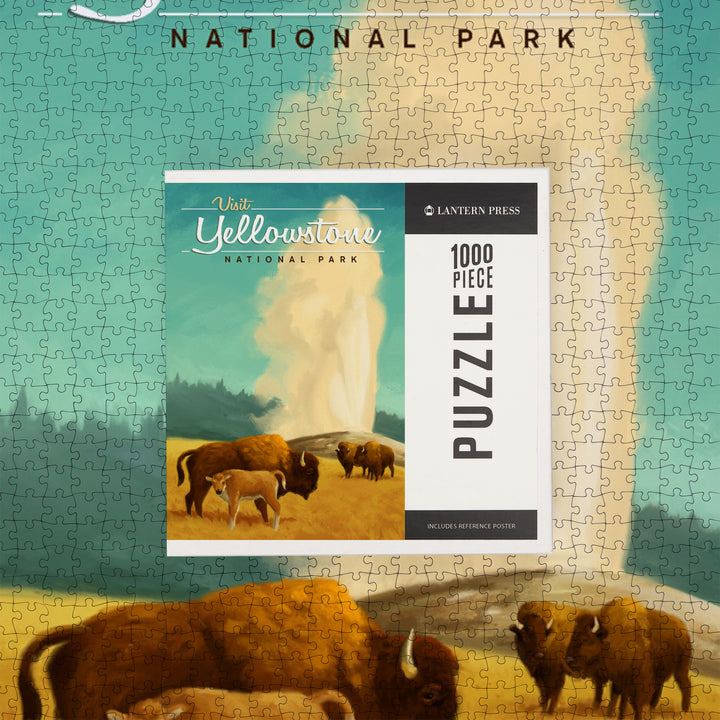 Yellowstone National Park, Oil Painting, Old Faithful and Bison, Jigsaw Puzzle