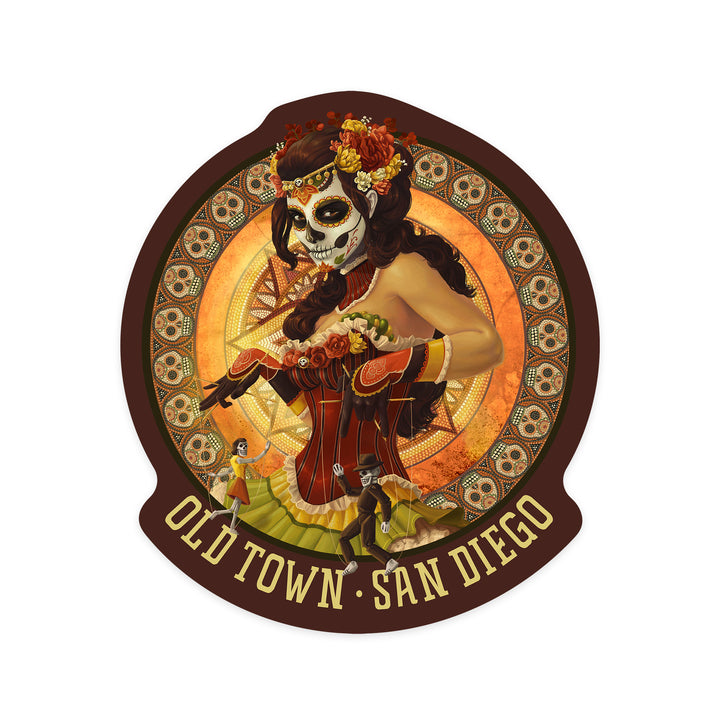 San Diego, California, Old Town, Day of the Dead, Contour, Lantern Press Artwork, Vinyl Sticker