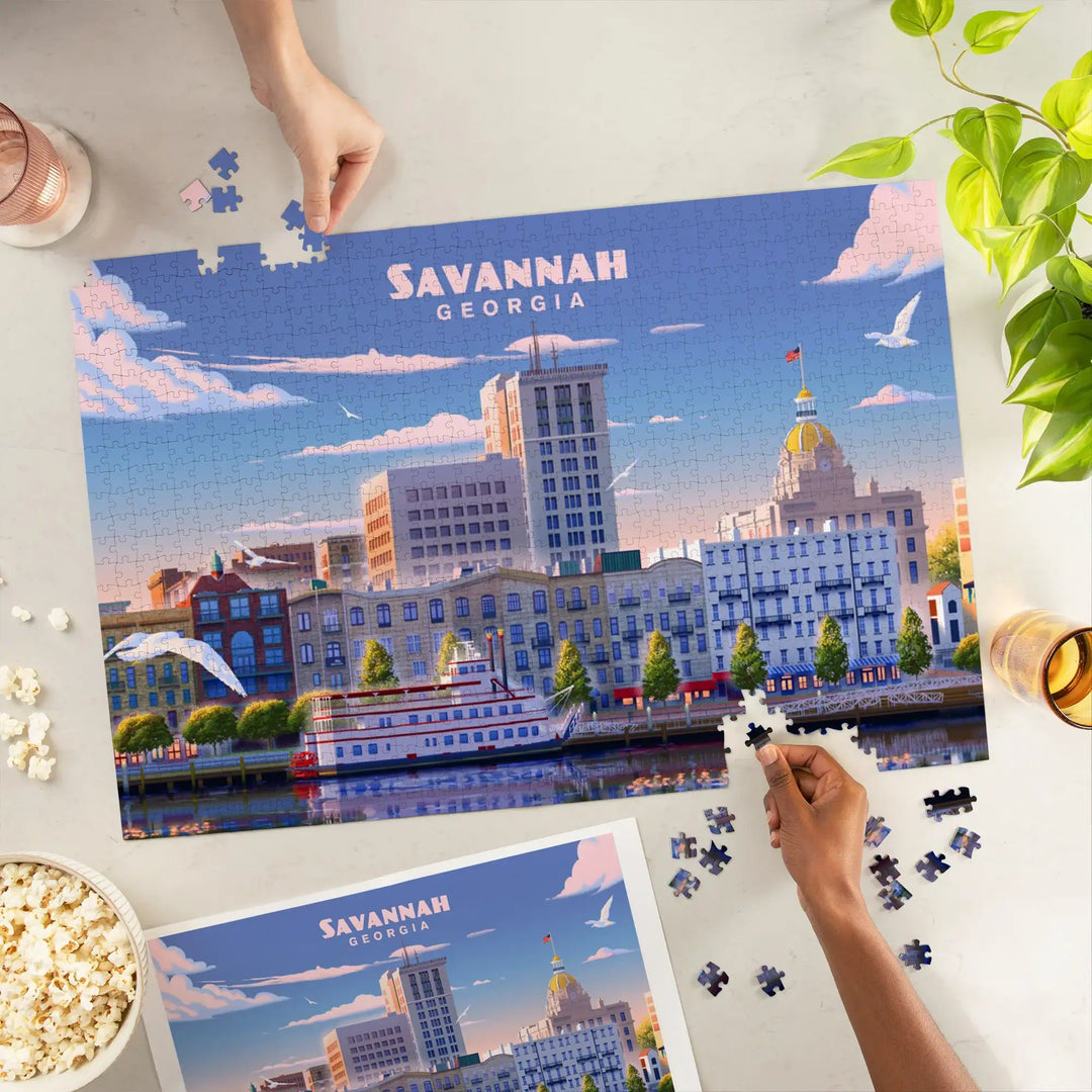 Savannah, Georgia, Lithograph, River Street, Jigsaw Puzzle