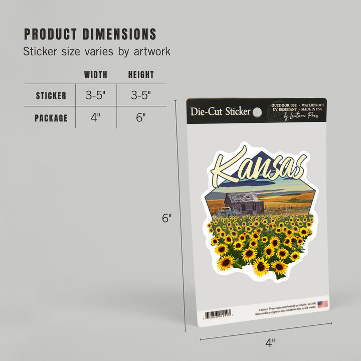 Kansas, Shack & Sunflowers with Wheat Field, Contour, Lantern Press Artwork, Vinyl Sticker