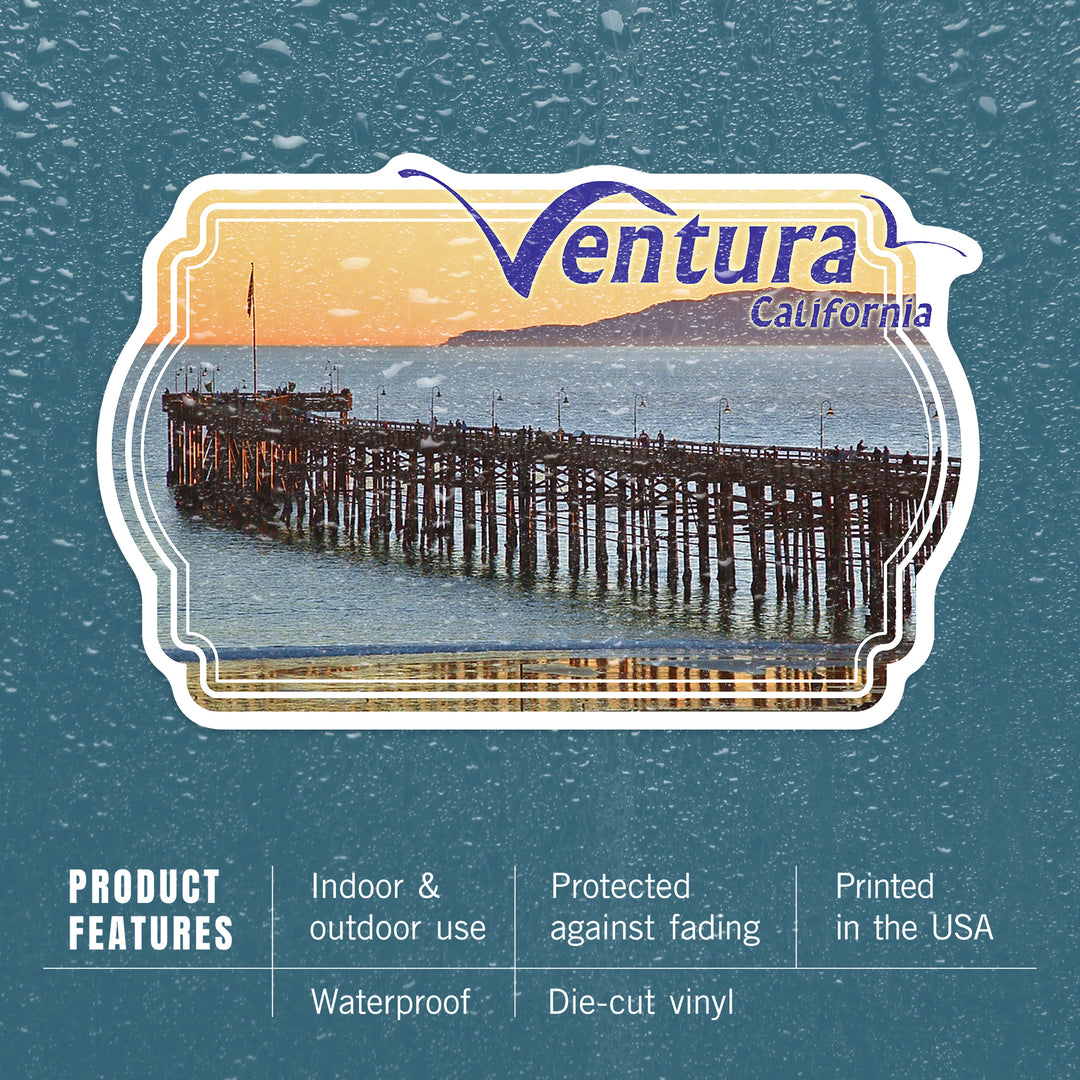 Ventura, California, Ocean and Pier, Contour, Photograph, Vinyl Sticker
