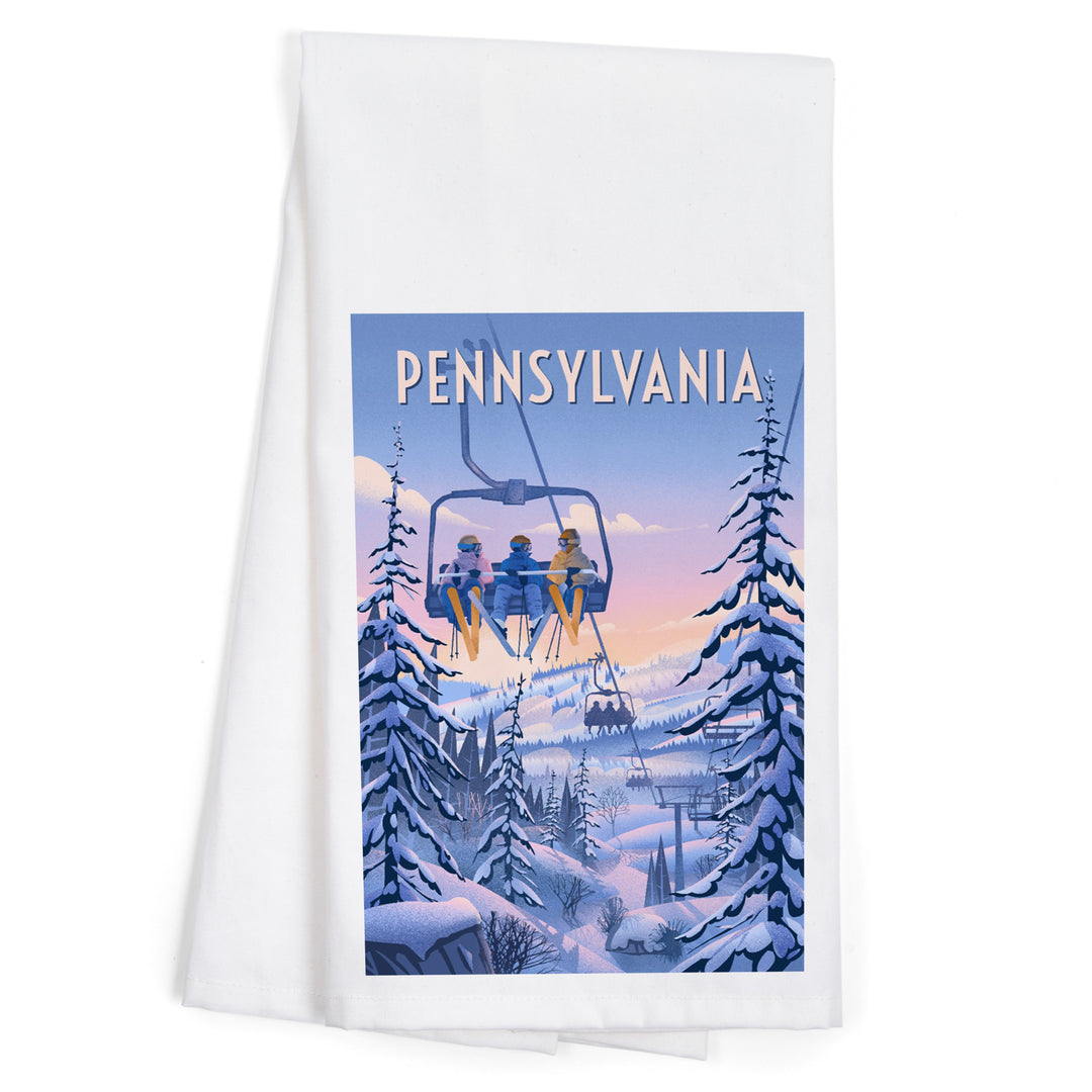 Pennsylvania, Chill on the Uphill, Ski Lift, Organic Cotton Kitchen Tea Towels