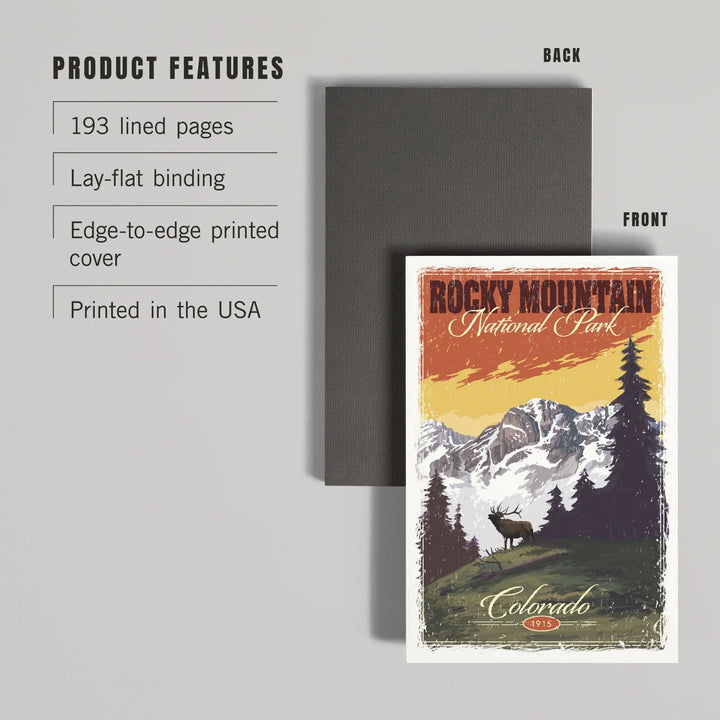 Lined 6x9 Journal, Rocky Mountain National Park, Mountain View and Elk, Distressed, Lay Flat, 193 Pages, FSC paper