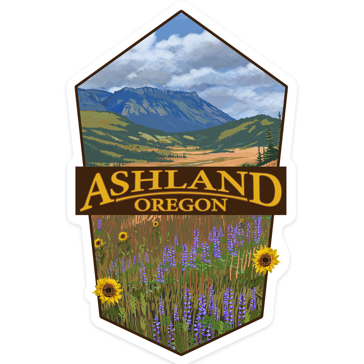 Ashland, Oregon, Field and Flowers, Contour, Vinyl Sticker