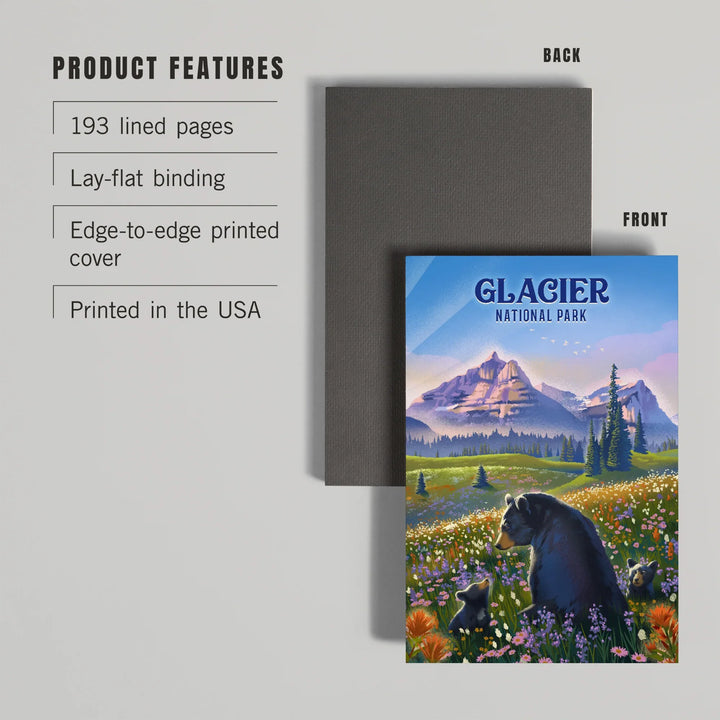 Lined 6x9 Journal, Glacier National Park, Bear Family in Field, Going to the Sun Road, Lay Flat, 193 Pages, FSC paper
