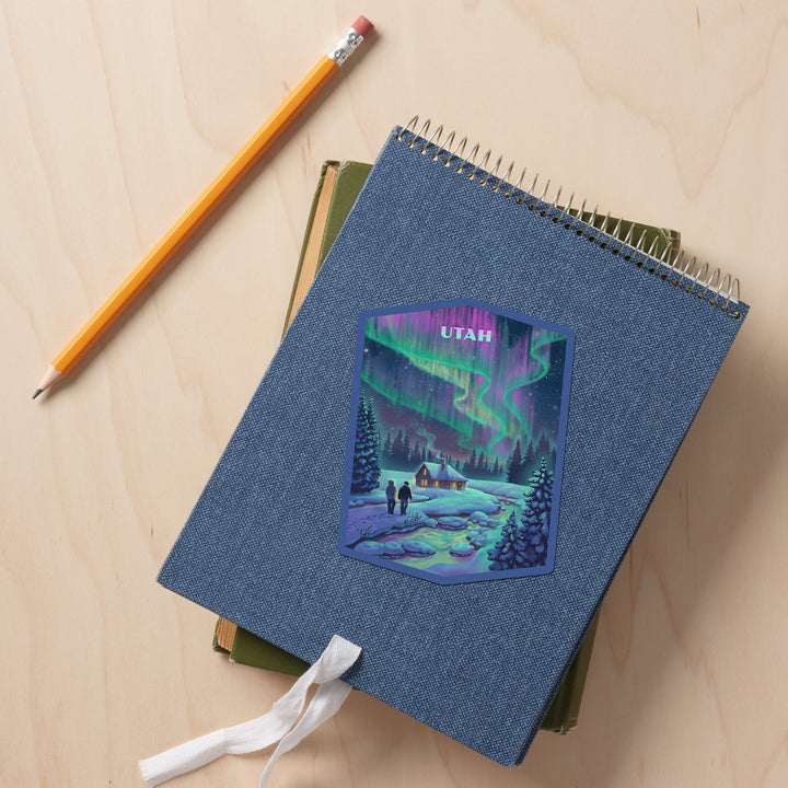 Utah, Lithograph, Northern Lights and Cabin, Vinyl Sticker
