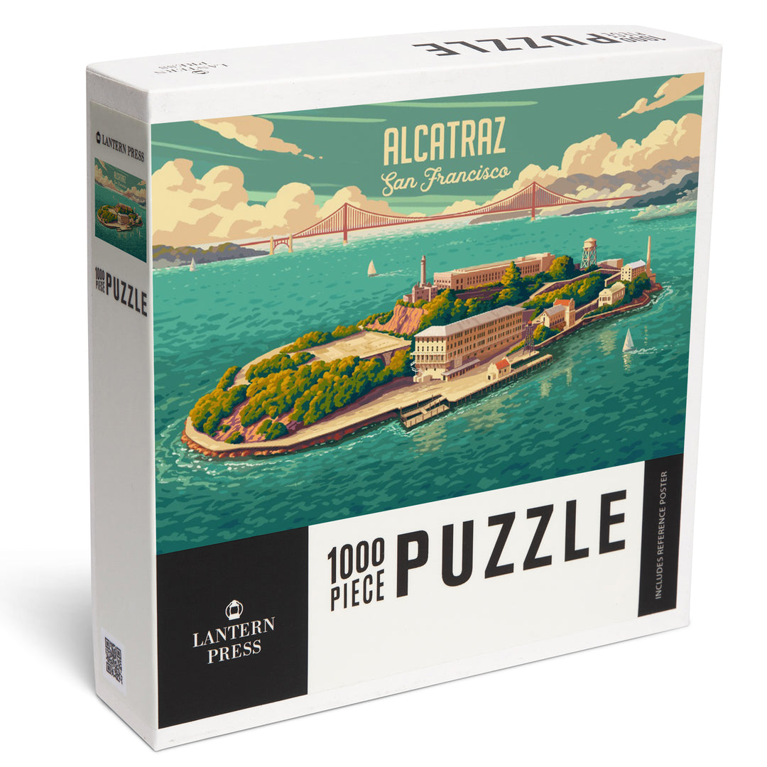 San Francisco, California, Alcatraz with Golden Gate Bridge, Painterly, 1000 Piece Jigsaw Puzzle