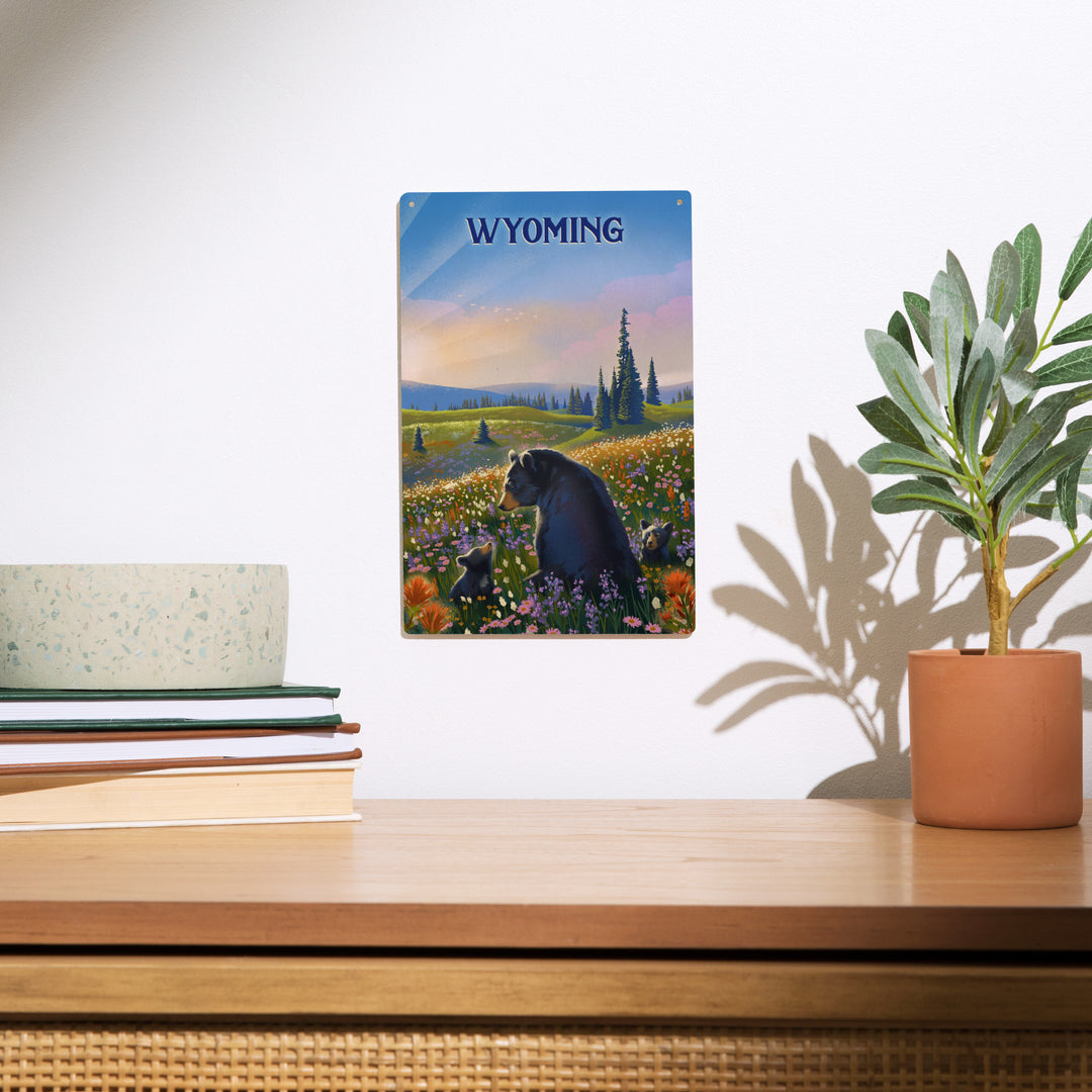Wyoming, Lithograph, Bear Family in Field, Wood Signs and Postcards