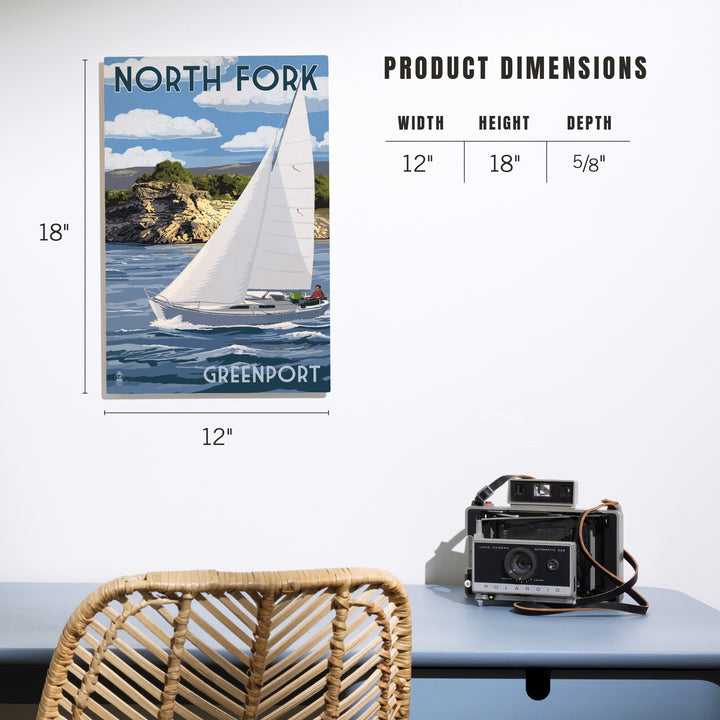 Greenport, New York, Sloop Sailboat & Lake, Lantern Press Artwork, Wood Signs and Postcards