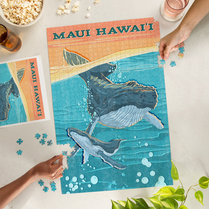 Maui, Hawaii, Vintage Press, Humpback Whale, 1000 Piece Jigsaw Puzzle