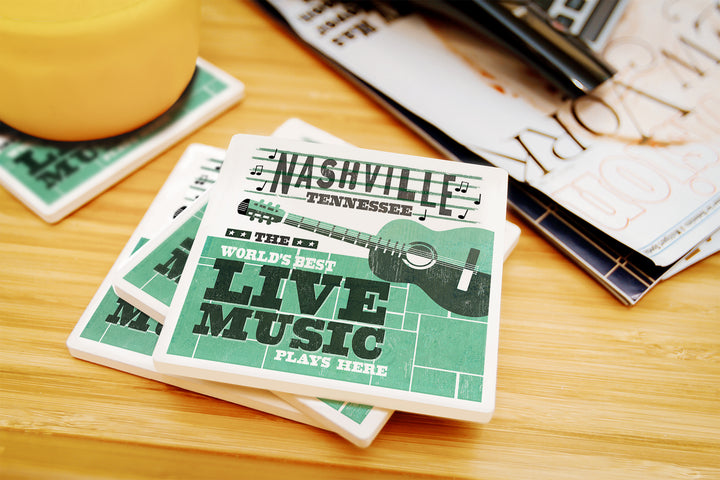 Nashville, Tennessee, Horizontal Guitar, Teal Screenprint, Coaster Set