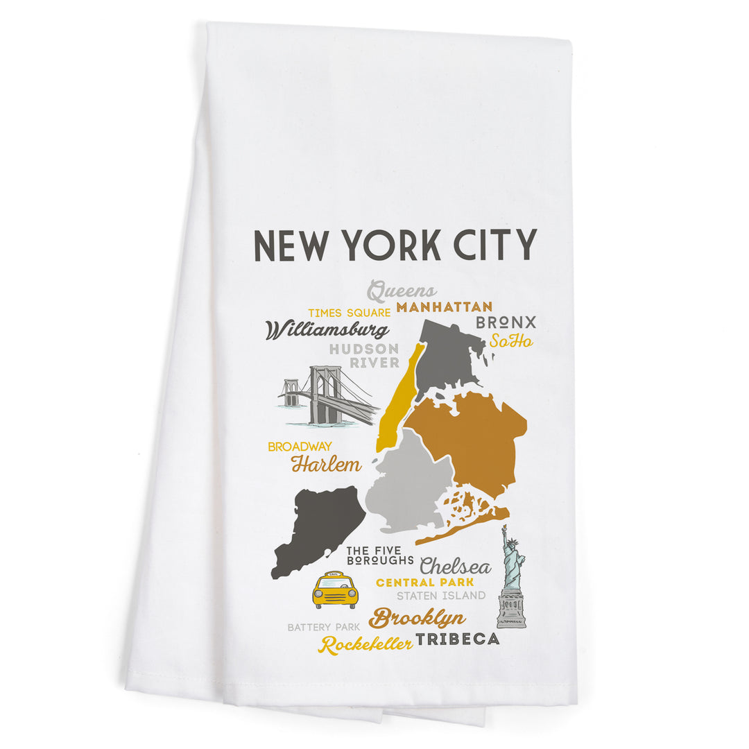 New York City, New York, Typography and Icons, Organic Cotton Kitchen Tea Towels