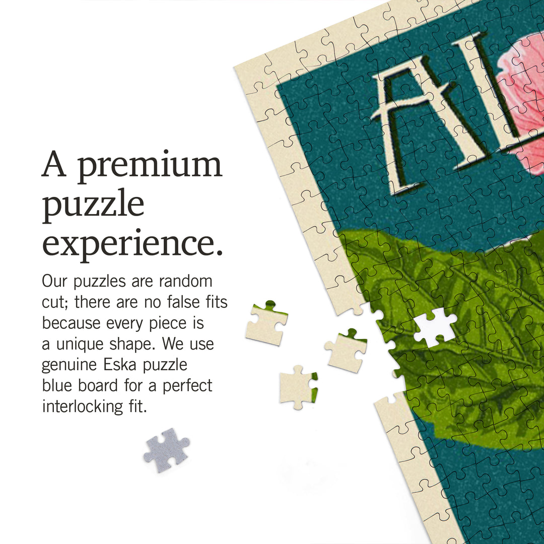 Maui, Hawaii, Aloha, Pink Hibiscus, Letterpress, Jigsaw Puzzle