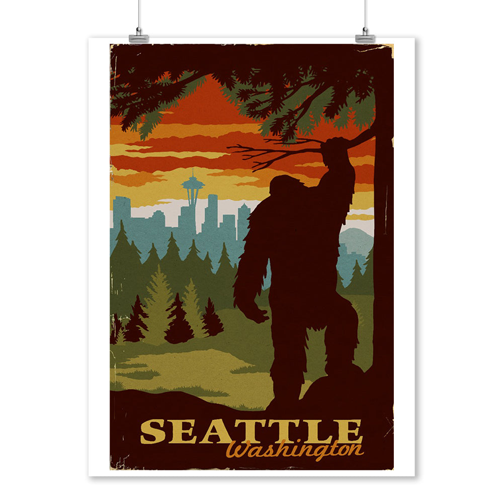 Seattle Skyline, Bigfoot, WPA Style, Art & Giclee Prints