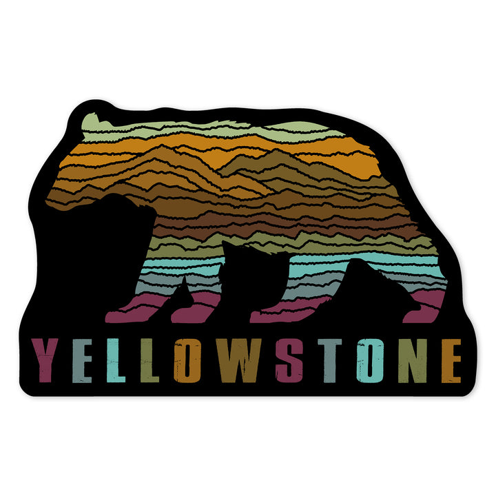 Yellowstone National Park, Wyoming, Black Bear, Abstract Mountain Scene, Contour, Lantern Press Artwork, Vinyl Sticker