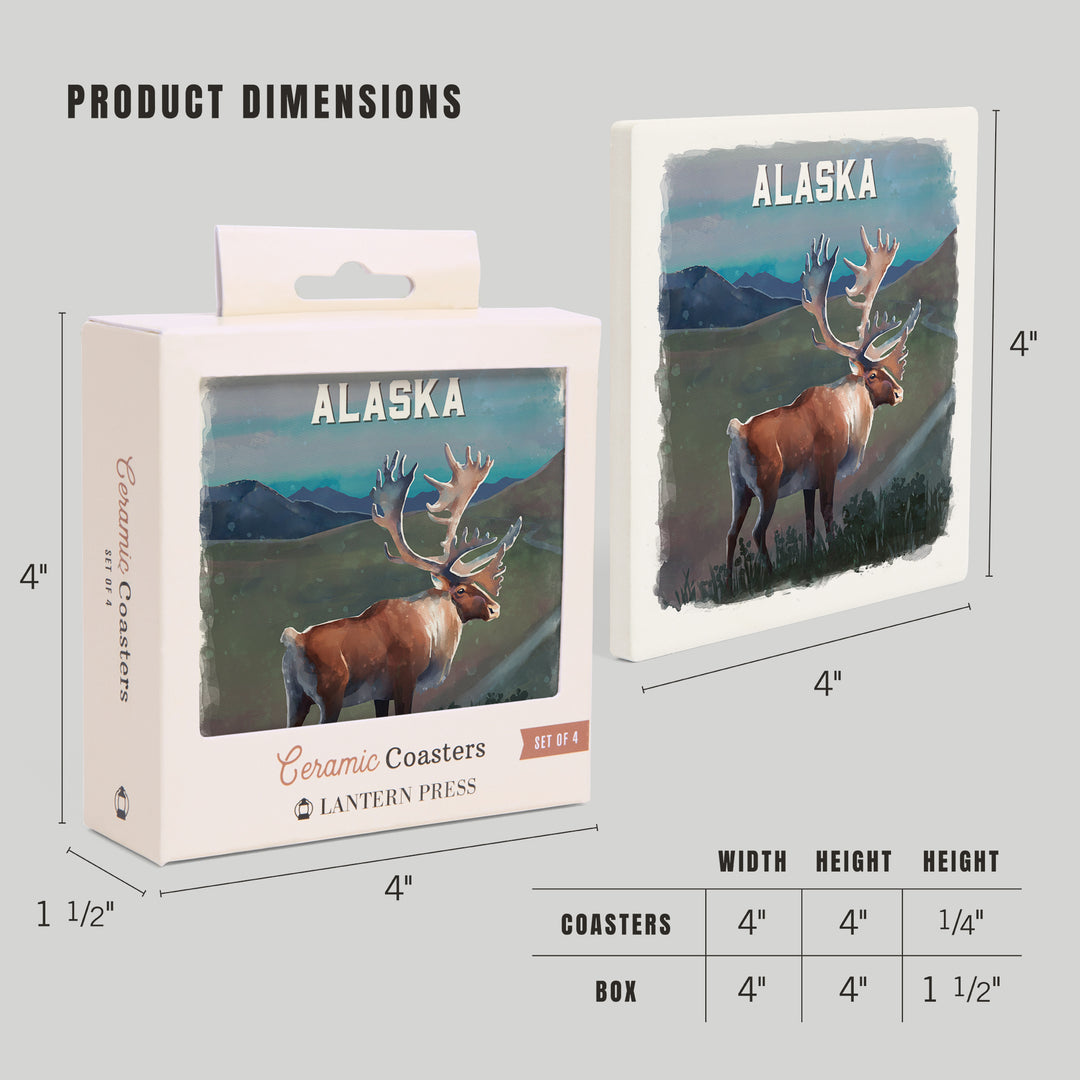 Alaska, Watercolor Study, Caribou, Coaster Set