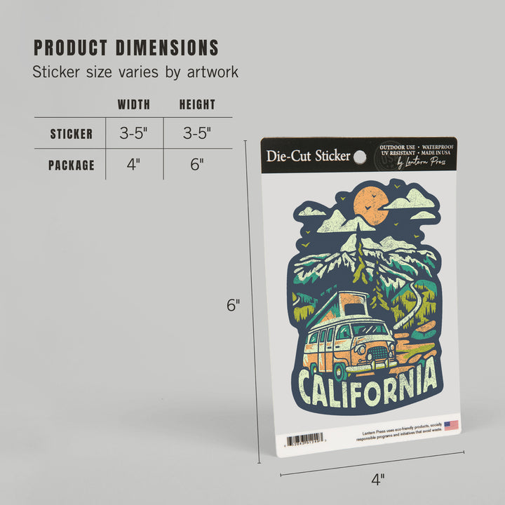 California, Distressed, Camper Van in the Mountains, Contour, Vinyl Sticker - Lantern Press