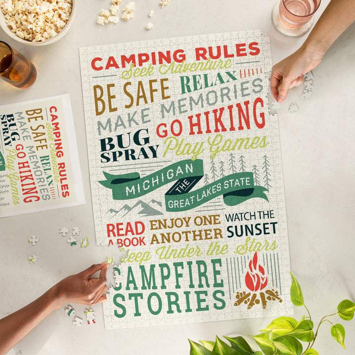 Lake Michigan, The Great Lakes State, Camping Rules, Typography Stacked, Jigsaw Puzzle