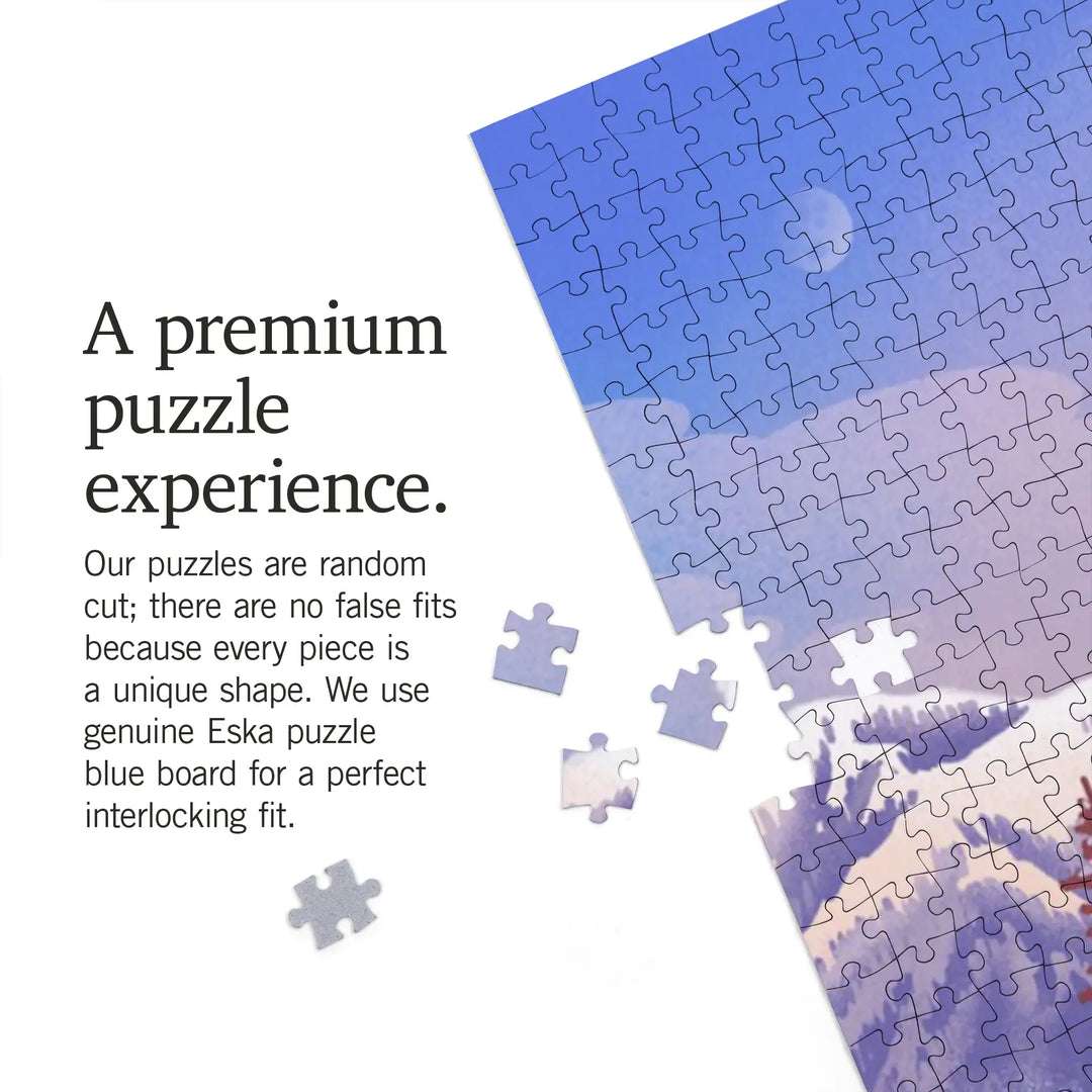 Lithograph, Mountain Lodge, Winter Scene, Jigsaw Puzzle