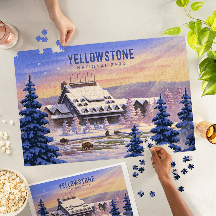 Yellowstone National Park, Wyoming, Lithograph, Old Faithful Inn, Jigsaw Puzzle