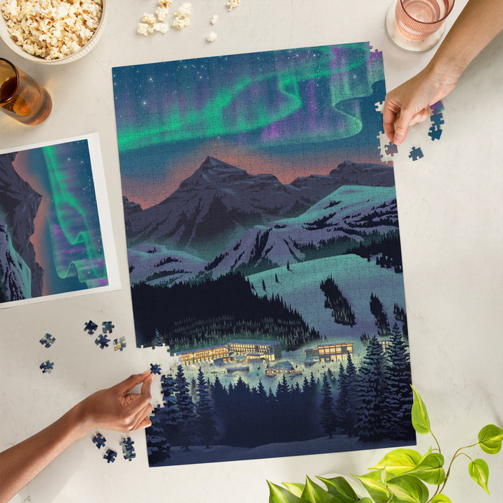 Lithograph, Village under Northern Lights, 1000 Piece Jigsaw Puzzle