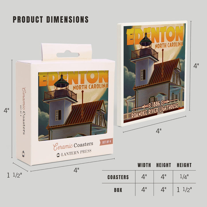 Edenton, North Carolina, Lighthouse and Moon, Roanoke River Lighthouse, Coasters Coasters Lantern Press 