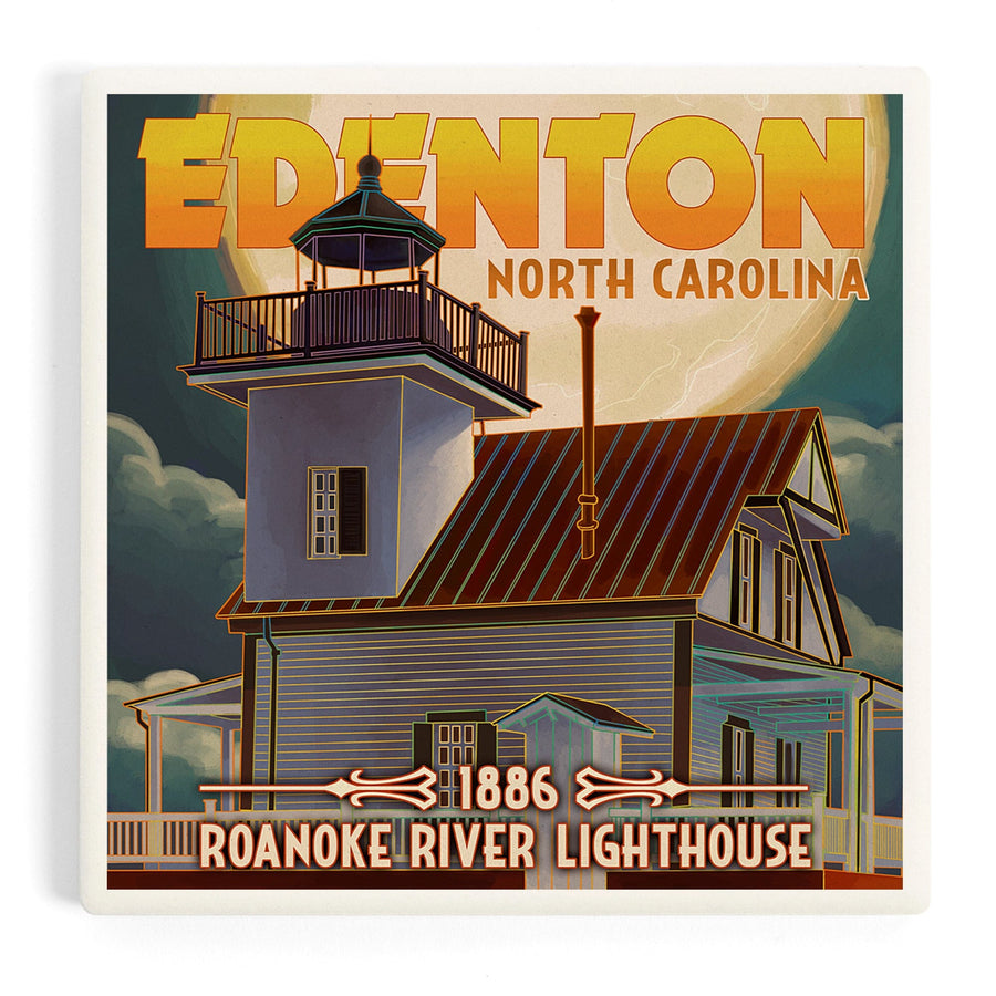 Edenton, North Carolina, Lighthouse and Moon, Roanoke River Lighthouse, Coasters Coasters Lantern Press 