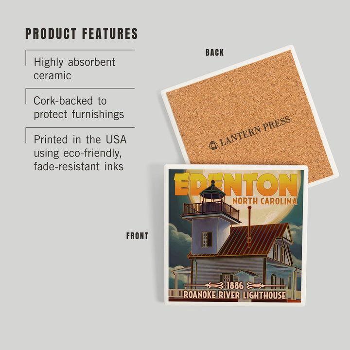 Edenton, North Carolina, Lighthouse and Moon, Roanoke River Lighthouse, Coasters Coasters Lantern Press 