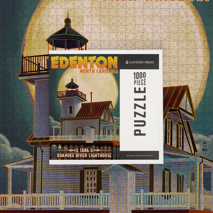 Edenton, North Carolina, Lighthouse and Moon, Roanoke River Lighthouse, Jigsaw Puzzle Puzzle Lantern Press 