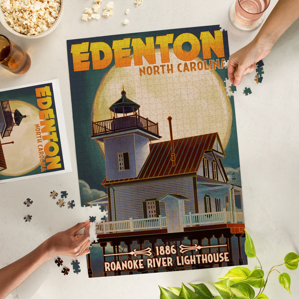 Edenton, North Carolina, Lighthouse and Moon, Roanoke River Lighthouse, Jigsaw Puzzle Puzzle Lantern Press 